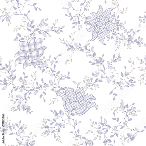 seamless pattern of flowers, branches and leaves