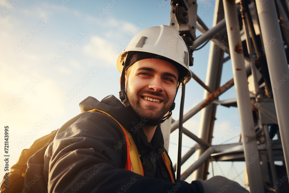 engineer wearing safety gear working at top of signal antenna.Working at height. engineer wearing safety gear working at top of signal antenna.Working at height.