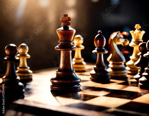 Background close-up chess pieces on chessboard game. Concept for ideas, competition and strategy, business success concept, business competition planning teamwork strategic. Wallpaper, copy space