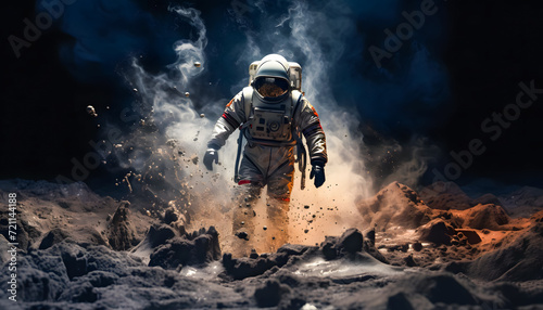 An astronaut walking on the surface of a desolate planet surrounded by smoke and flying debris. The astronaut, clad in a space suit, appears determined as they navigate the harsh environment