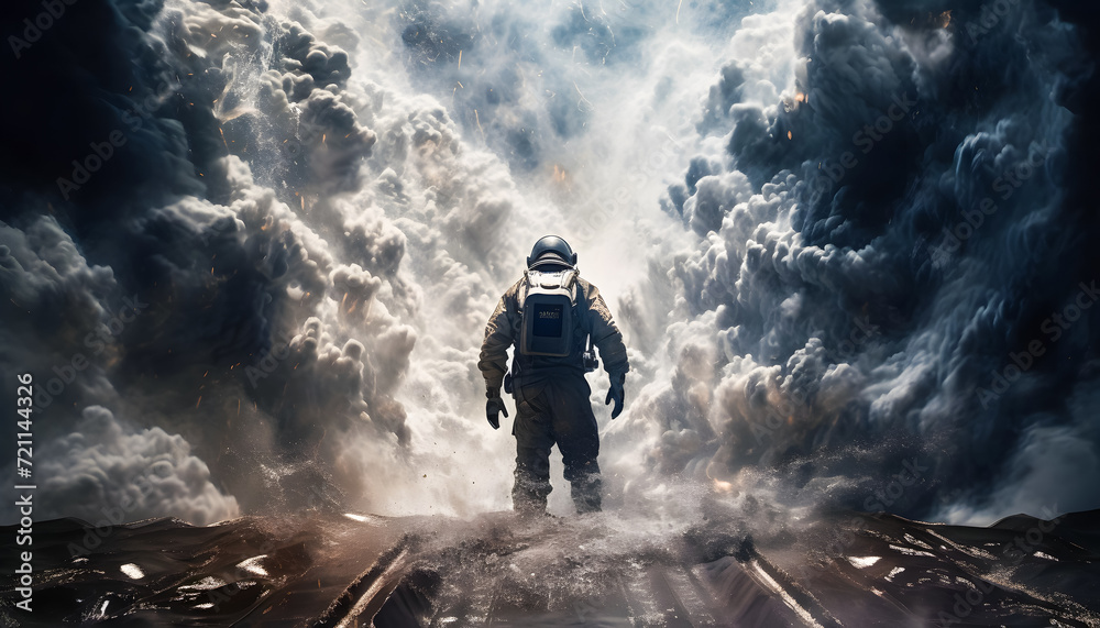 An astronaut walking on the surface of a desolate planet surrounded by smoke and flying debris. The astronaut, clad in a space suit, appears determined as they navigate the harsh environment An astronaut walking on the surface of a desolate planet surrounded by smoke and flying debris. The astronaut, clad in a space suit, appears determined as they navigate the harsh environment