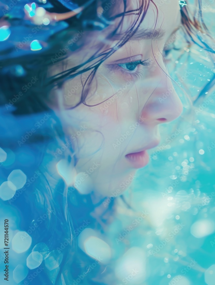 Close-up of a woman's face under shimmering blue water. Close-up of a woman's face under shimmering blue water.
