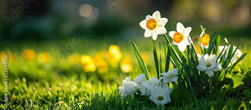 Gorgeous Daffodil, Lily, and White Flower Blooming amid Lush Green Grass