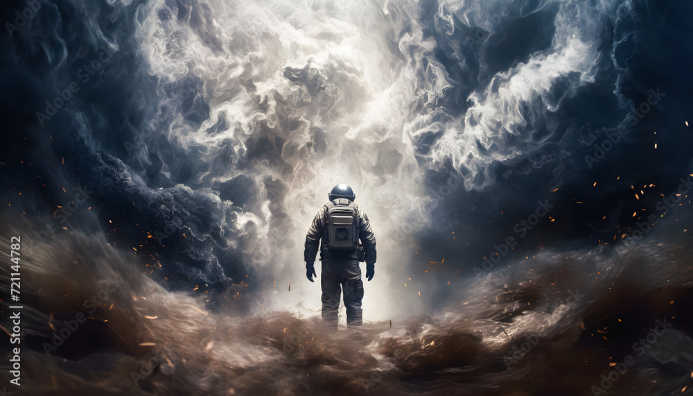 An astronaut in a spacesuit walking across a barren, desolate planet. Dust, debris, and small rocks float around, creating a surreal and otherworldly atmosphere. An astronaut in a spacesuit walking across a barren, desolate planet. Dust, debris, and small rocks float around, creating a surreal and otherworldly atmosphere.