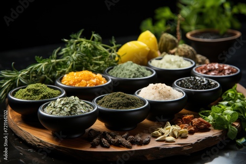 spices and herb bowls on top of stone table