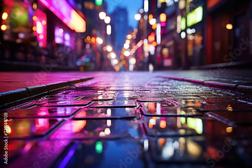 Neon signs flicker and reflect off rain-soaked pavement, transforming a city street into a vibrant and dynamic kaleidoscope of colors. Concept of urban nightlife. Generative Ai. photo