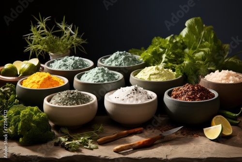 spices and herb bowls on top of stone table