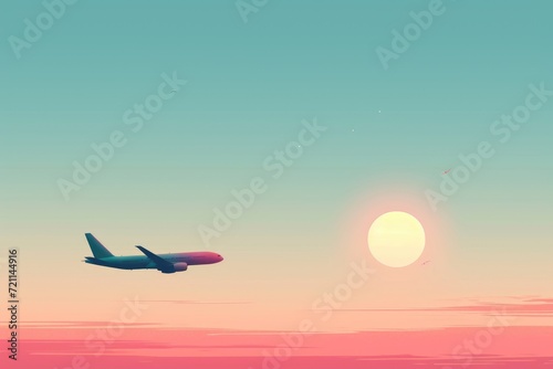 Airplane flying against sun and blue sky