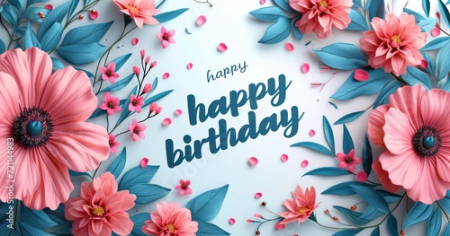 Fototapeta Naklejka Na Ścianę i Meble -  happy birthday banners and cards with color flowers and white blue background