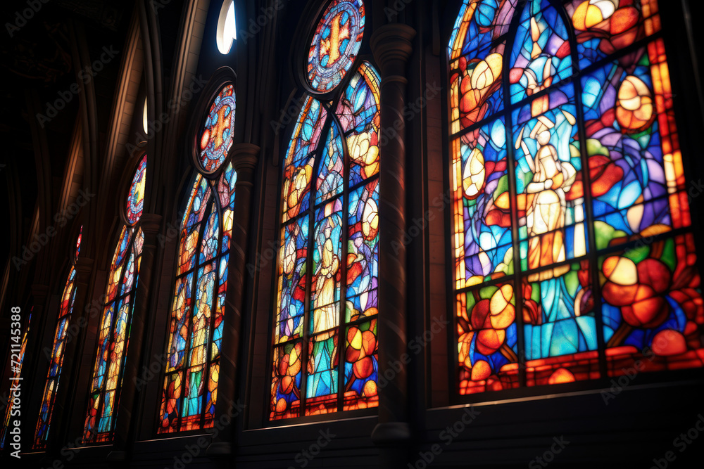 A stained glass window in a cathedral bathes the interior in a divine spectrum of hues, illustrating the spiritual and aesthetic significance of stained glass art.  Generative Ai.