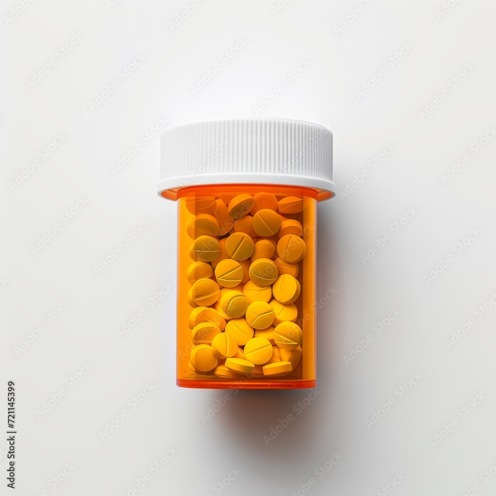 orange plastic container filled with white pills - overhead flat lay product photo orange plastic container filled with white pills - overhead flat lay product photo