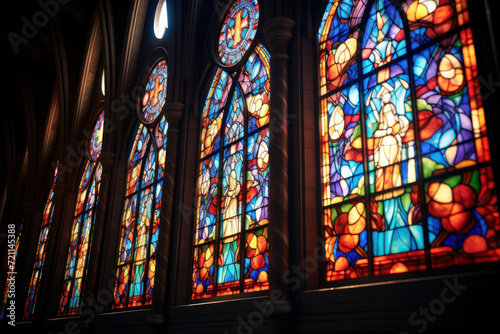 A stained glass window in a cathedral bathes the interior in a divine spectrum of hues  illustrating the spiritual and aesthetic significance of stained glass art.  Generative Ai.