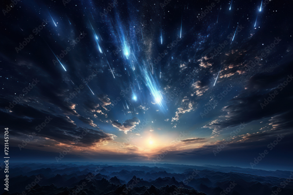 A meteor shower streaks across the night sky, leaving trails of celestial brilliance that ignite a sense of wonder and connection to the vastness of the universe.  Generative Ai. - obrazy, fototapety, plakaty 