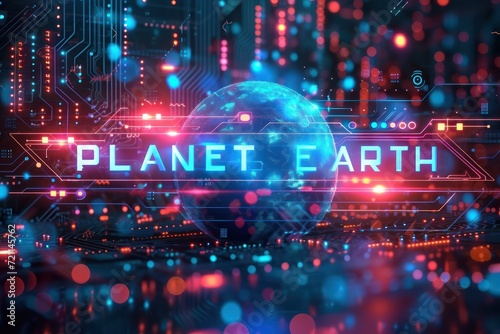 planet earth the global world is shown behind an abstract green and blue background © STOCKYE STUDIO