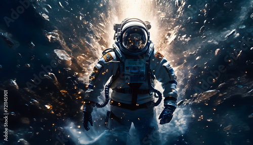 An astronaut walking on the surface of a desolate planet surrounded by smoke and flying debris. The astronaut, clad in a space suit, appears determined as they navigate the harsh environment photo