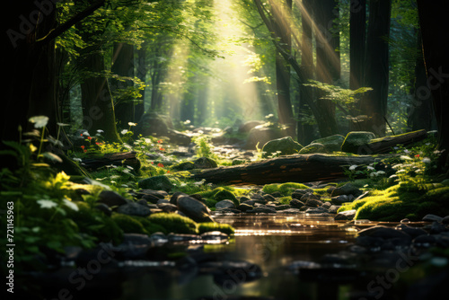A dense forest is illuminated by sunlight filtering through the canopy  creating a dappled effect on the ground that instills a sense of enchantment and reverence.  Generative Ai.