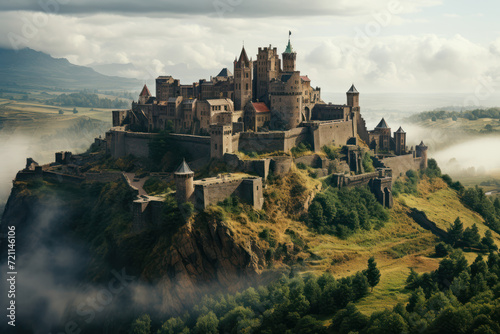 A medieval castle stands atop a hill  shrouded in mist and surrounded by an air of mystery that prompts contemplation and wonder at historical tales.  Generative Ai.