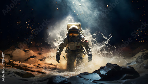 An astronaut walking on the surface of a desolate planet surrounded by smoke and flying debris. The astronaut, clad in a space suit, appears determined as they navigate the harsh environment photo