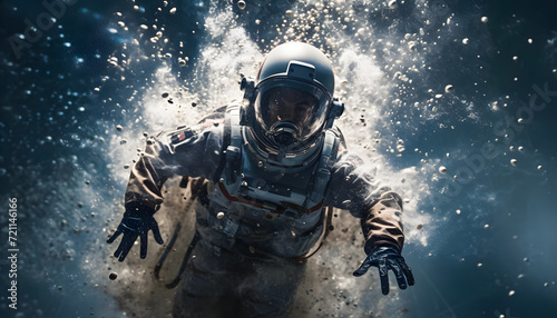 An astronaut walking on the surface of a desolate planet surrounded by smoke and flying debris. The astronaut, clad in a space suit, appears determined as they navigate the harsh environment photo