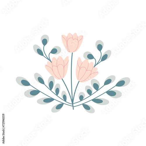 Symmetrical design flowers with leaves, minimalist design, spring concept, Valentine's Day concept
