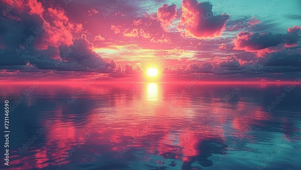 sunset reflected in a lake,  dark pink and sky-blue