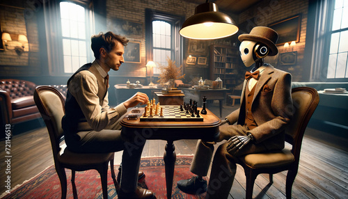 Concept of harmonious coexistence of humans and AI technology. An image showing a human and an AI robot playing a friendly game of chess or engaging in a physical sport, showcasing teamwork and strate photo