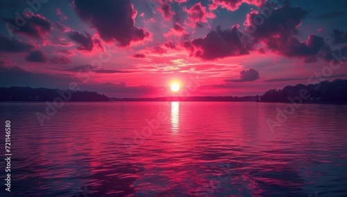 sunset reflected in a lake, dark pink and sky-blue
