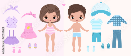 Paper doll clothes. Paper doll boy, girl. Cute girl with dresses . Clothes set, collection. Vector illustration. Doll for children play. Baby doll. Cutouts. Fashion girl, boy. Dress up, cutouts, cut photo