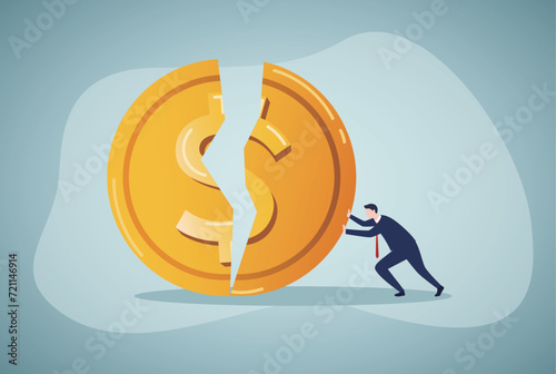 Businessman struggle to repair a dollar that is broken in half by pushing it back together. Image conveys the concept of repairing broken finances.
