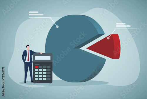 Budget planning or income management, spending and expense report or investment balance sheet, debt calculation and analysis, businessman with calculator planning budget with pie chart.