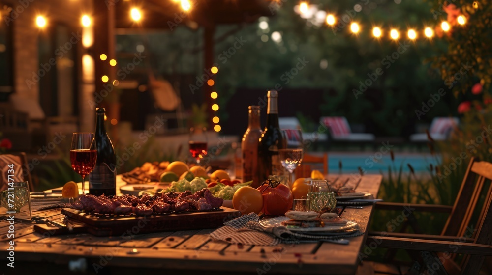 picnic dinner party. Table with different delicious meal outdoor. Outside lunch. Garden backyard summer meeting. Fun barbecue grill picnic. Happy people celebrate holiday. Food and drinks on table.