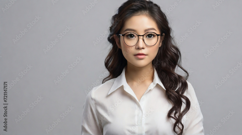 Portrait of Asian young women in business attire, wearing reading glasses and looking at camera, on the solid grey background. Portrait of Asian young women in business attire, wearing reading glasses and looking at camera, on the solid grey background.