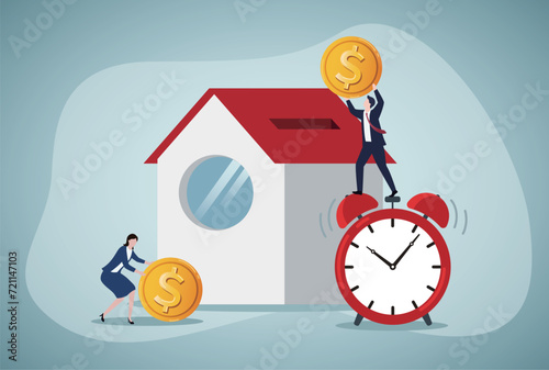 Mortgage and Home Buying Concept. Businessman Standing on clock Putting Golden Coin into Slot at Roof of Cottage House. Investment in Real Estate, Loan Payment, Building Purchase, Debt. Cartoon Vector