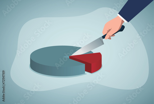 Profit or revenue sharing payment scheme, payment share with other employee in percentage pie chart, formula or distribution to calculate wages, business people cutting pie chart for their paid part.