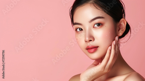 Young Asian woman with pulled-back hair, showcasing Korean makeup style and perfect skin on a pink background