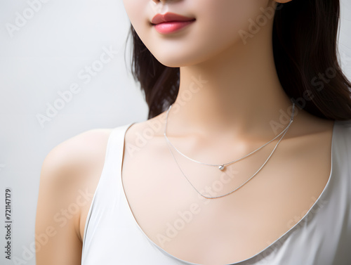 Close up of necklace worn by young asian woman