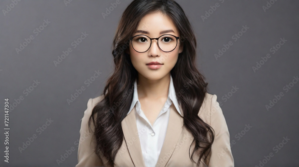 Portrait of Asian young women in business attire, wearing reading glasses and looking at camera, on the solid grey background. Portrait of Asian young women in business attire, wearing reading glasses and looking at camera, on the solid grey background.