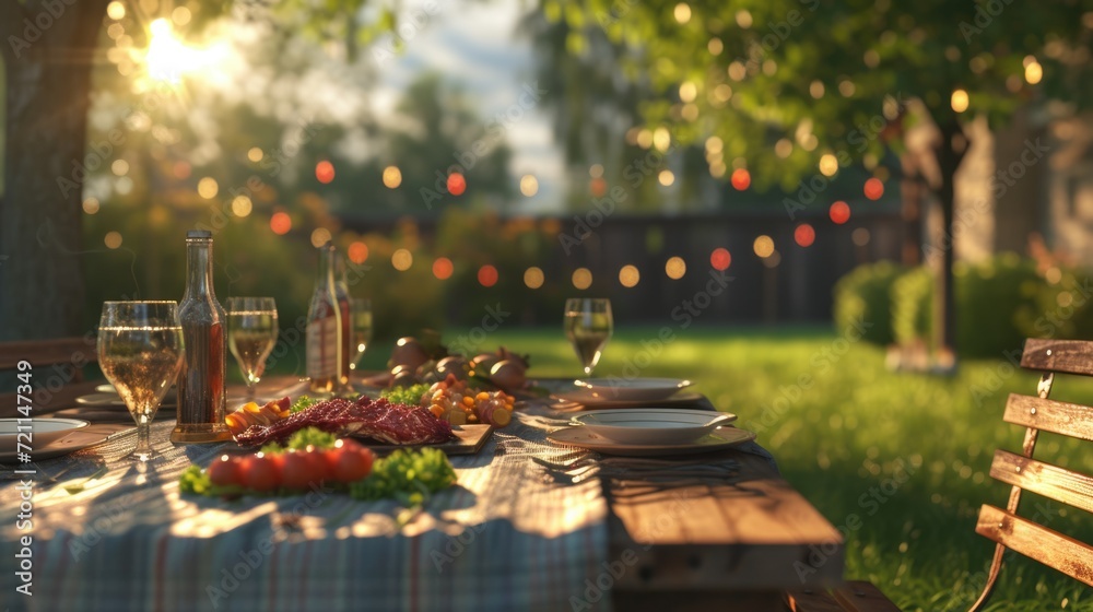 picnic dinner party. Table with different delicious meal outdoor ...