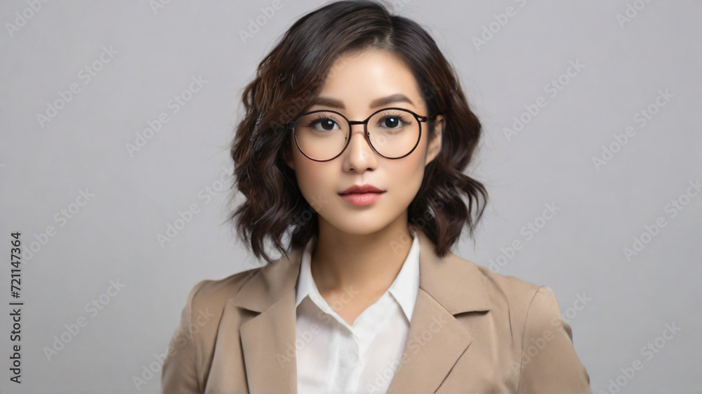 Portrait of Asian young women in business attire, wearing reading glasses and looking at camera, on the solid grey background. Portrait of Asian young women in business attire, wearing reading glasses and looking at camera, on the solid grey background.