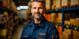 Photo of manager in uniform standing against blurred background of retail warehouse