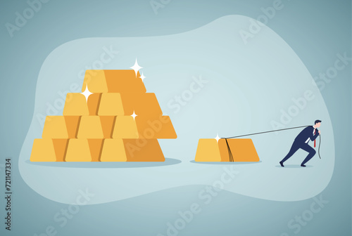 Take profits.Profit or revenue sharing payment scheme. Businessman pulling his gold away.