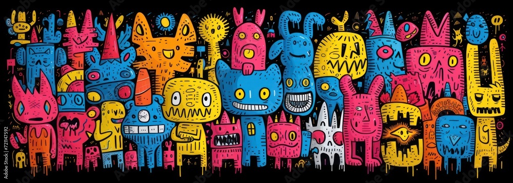 colors and cartoon characters adorn the black background, in the style of pop art cartoonish illustration