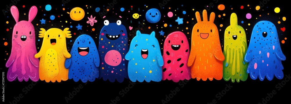 colors and cartoon characters adorn the black background, in the style ...