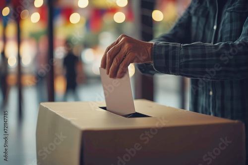 A male voter in a checkered shirt casts a ballot and a ballot box at a polling station. Boken background.