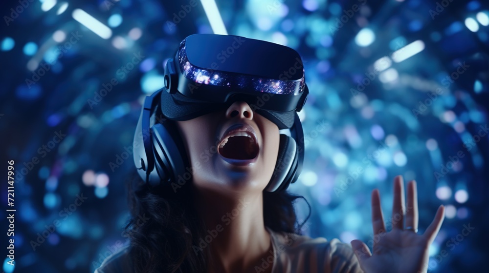 Amazed Woman in VR Headset Explores the Metaverse. Virtual Space, Gaming, Entertainment, Futuristic
Amazed Woman in VR Headset Explores the Metaverse. Virtual Space, Gaming, Entertainment, Futuristic