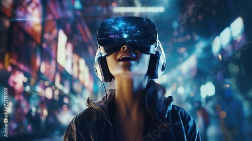 Amazed Woman in VR Headset Explores the Metaverse. Virtual Space, Gaming, Entertainment, Futuristic 