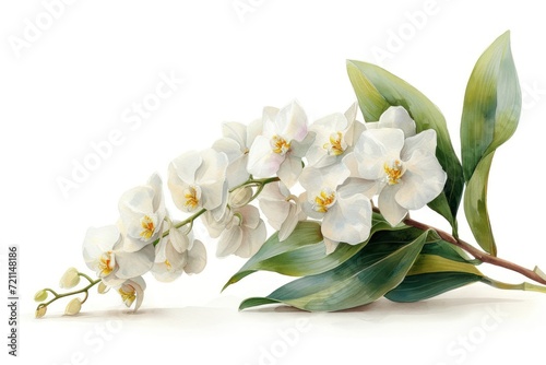 white orchid watercolor painting isolated on white  in the style of light gray and light amber  highly detailed foliage