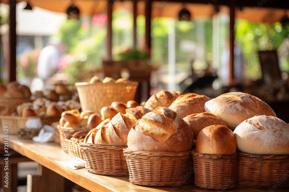 Scrumptious assortment of artisanal breads with tempting golden crust, displayed in a sunlit bakery
