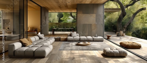 modern living room with a large grey sofa and a wooden table