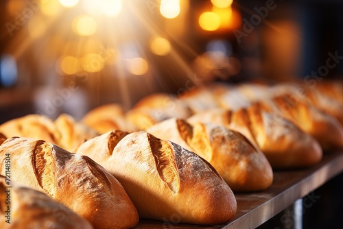 Freshly baked bread with golden crust on display shelves in sunlit artisan bakery